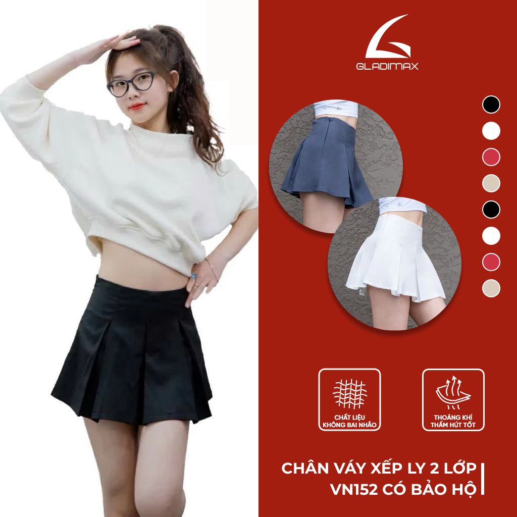 GLADIMAX Chân Váy Xếp Ly 2 Lớp Có Bảo Hộ VN152 Hack Dáng l Chất KAKI  l SHORT SKIRT 2025