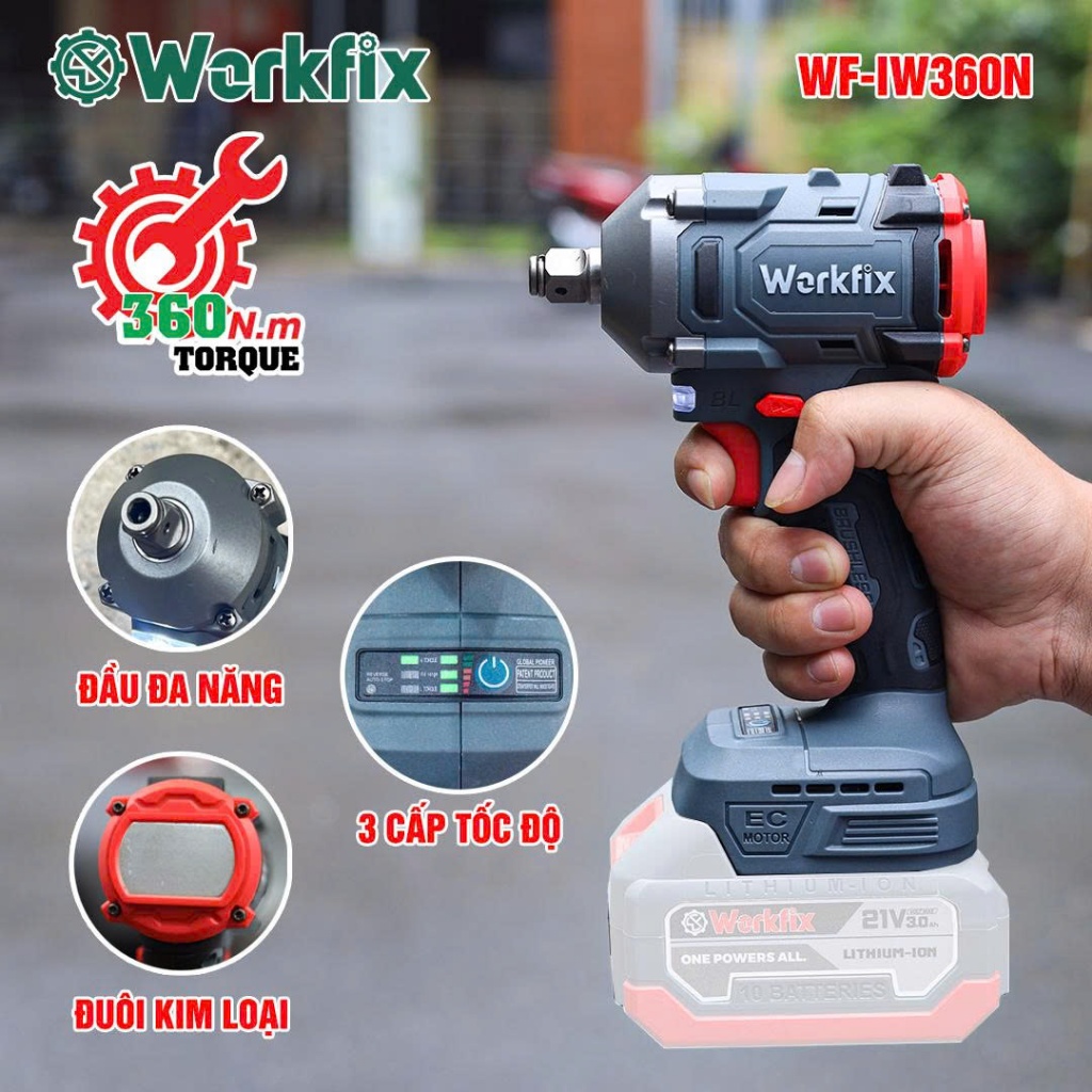 Thân máy siết bulong không dây WORKFIX WF-IW360N, Không chổi than, Lực siết 360Nm, Mở ốc nôi xe ga