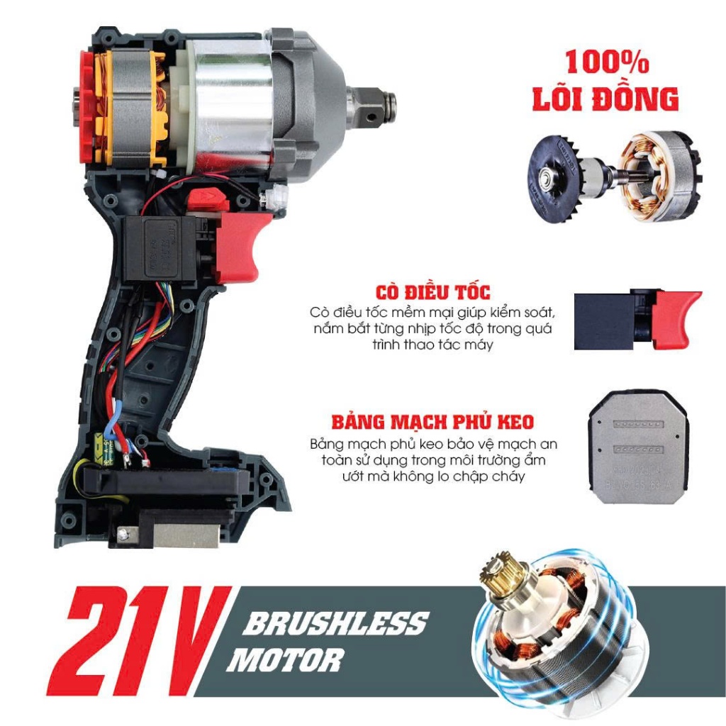 Thân máy siết bulong không dây WORKFIX WF-IW360N, Không chổi than, Lực siết 360Nm, Mở ốc nôi xe ga