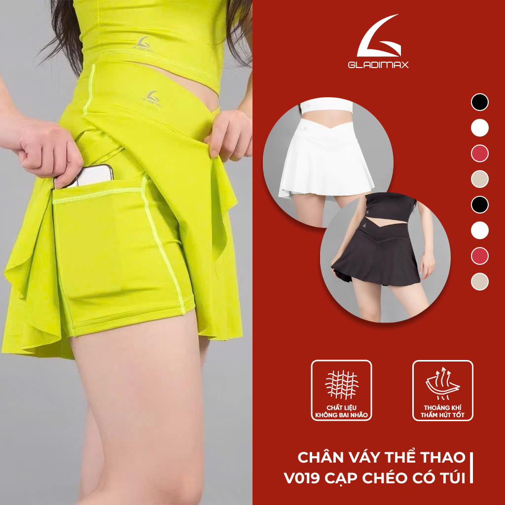 Chân váy thể thao Gladimax Skirt Luxury V019 cạp chéo, có túi 2 bên tiện lợi mặc đi tập, đi chơi