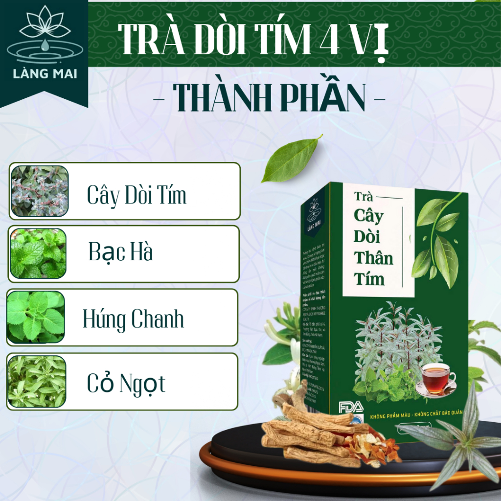 Trà cây dòi thân tím - Làng Mai - 4 vị Thảo dược tự nhiên tiêu đờm làm mát phổi Hộp 30 túi