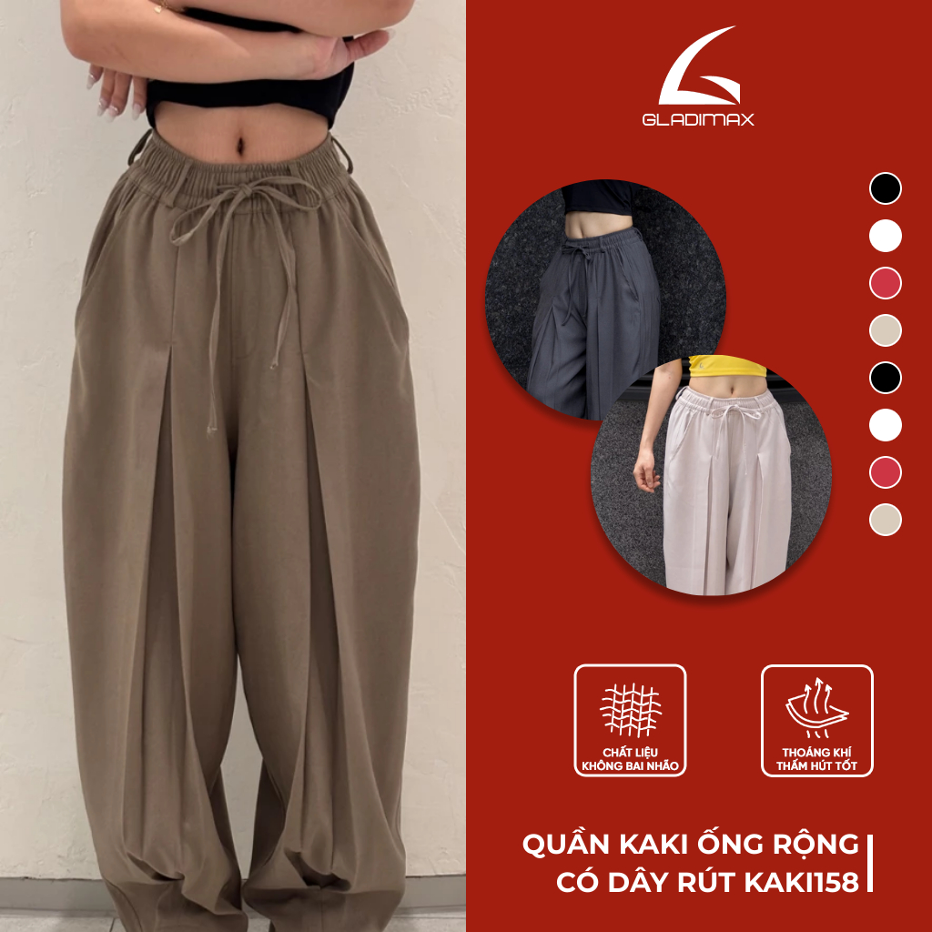 Quần Kaki158 Xếp Ly Ống Rộng Có Dây Rút GLADIMAX l Unisex Nam Nữ l Chất Vải Bền, Không Xù