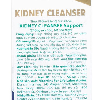 Viên Uống Bổ Thận Kidney Cleanser Support Vitamins For Life Hộp 30 viên