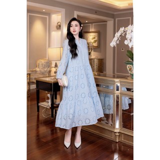 SWANLAKE | Váy Đầm Nữ Maxi Đuôi Cá Babydoll Cotton Thêu Đục Lỗ Trơn Cổ Trụ Cài Nút Tay Dài Hè D12394