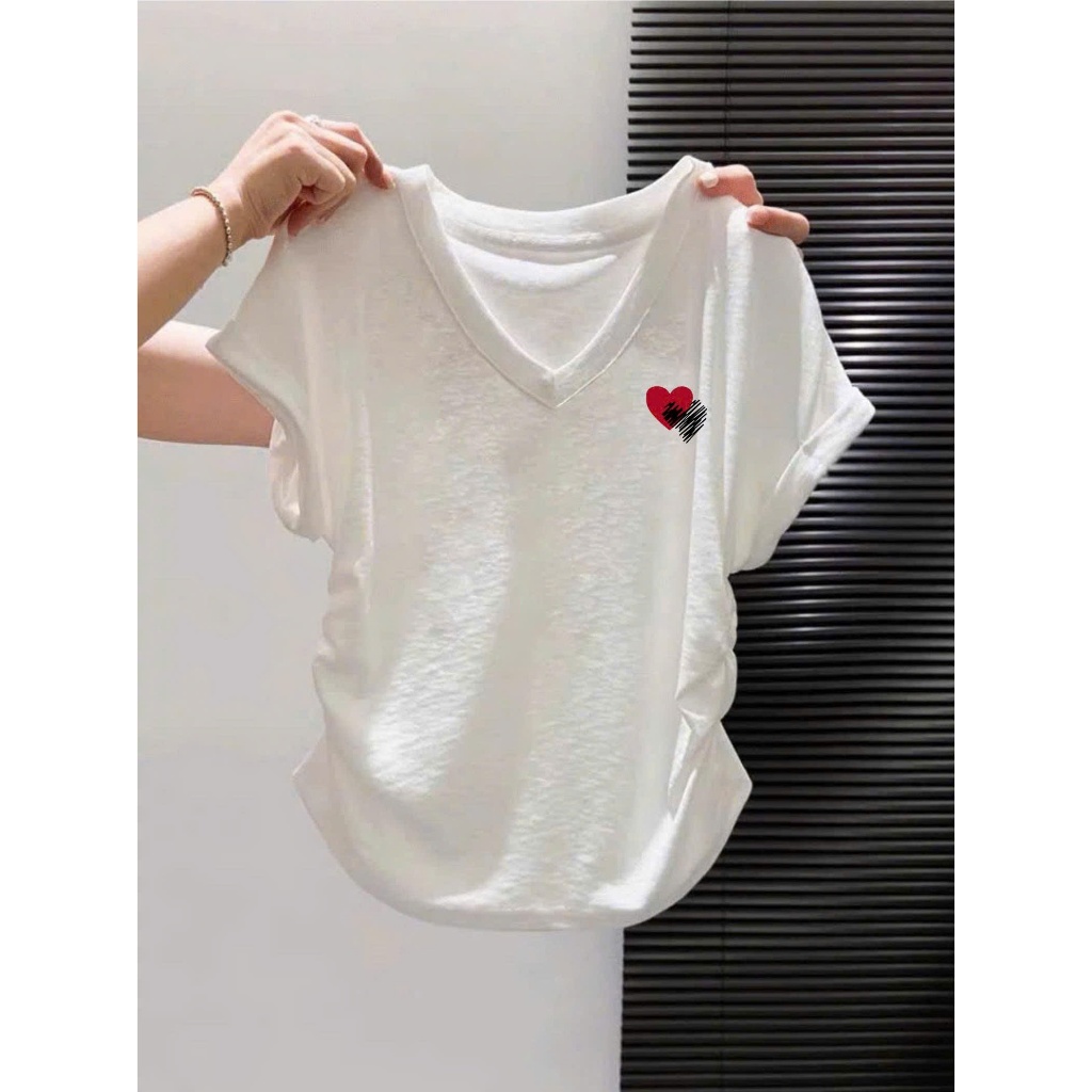 Áo thun nữ cổ tim Xượt rút sườn in hình siêu xinh JULY FASHION , Áo tim dây rút dáng vừa, chất thun xượt mềm mại