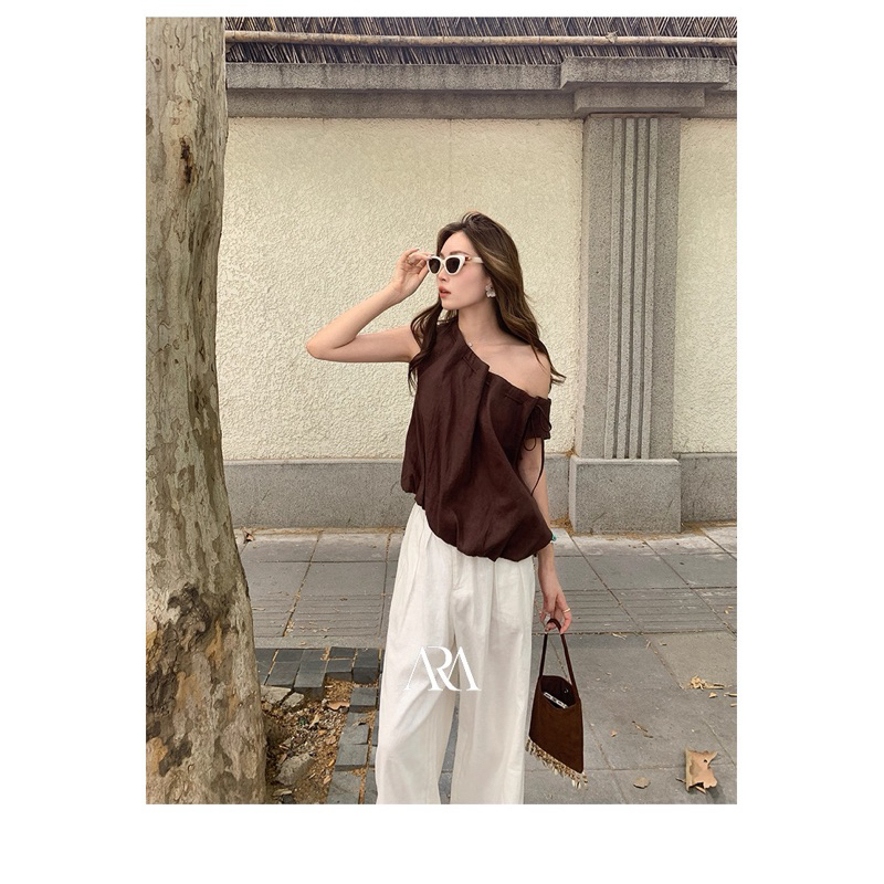 𝗟𝗮𝗺𝗶𝗲-  Áo Linen lệch vai dáng bí phồng BEELY