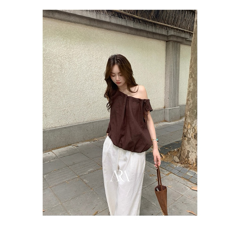 𝗟𝗮𝗺𝗶𝗲-  Áo Linen lệch vai dáng bí phồng BEELY