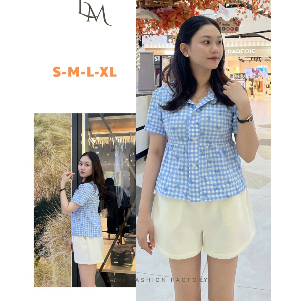 LUMI - Áo sơ mi caro xanh hoạ tiết nơ tay ngắn cổ bẻ dáng babydoll nữ tính mặc đi học, đi chơi