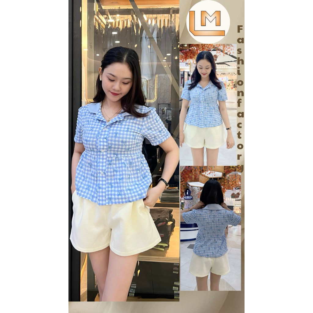 LUMI - Áo sơ mi caro xanh hoạ tiết nơ tay ngắn cổ bẻ dáng babydoll nữ tính mặc đi học, đi chơi
