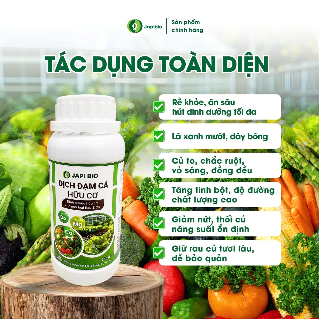 Đạm Cá JapiBio 250ml – Phân Bón Hữu Cơ Cao Cấp Cho Rau Củ, Không Mùi, Kích Rễ Nuôi Củ To Đẹp