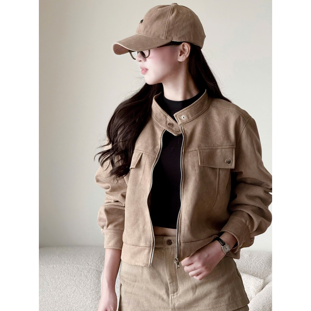 Áo khoác da lộn cổ tàu dáng lửng Miha Studio
