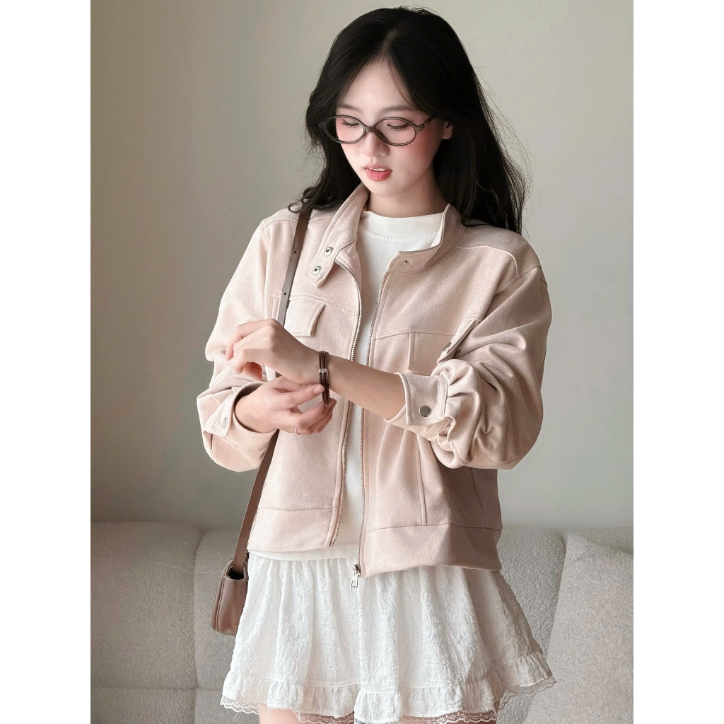 Áo khoác da lộn cổ tàu dáng lửng Miha Studio
