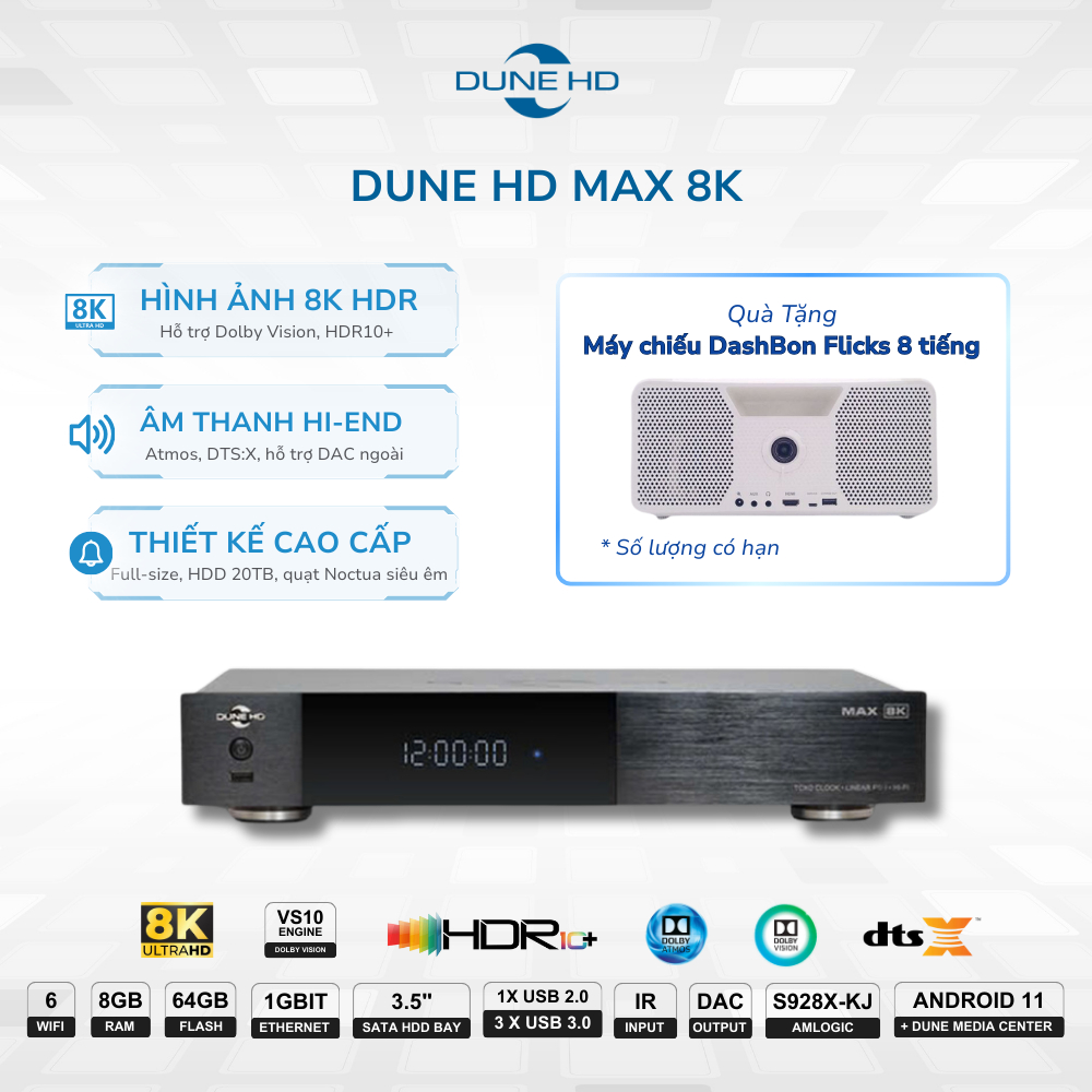 Dune HD Max 8K – Lettore Multimediale Full-Size Con Android TV, D Vision, Atmo, HDD Rack, Alimentazione Lineare, TCXO, Uscite Hi-Fi I2S Ed S/PDIF, 8GB/64GB