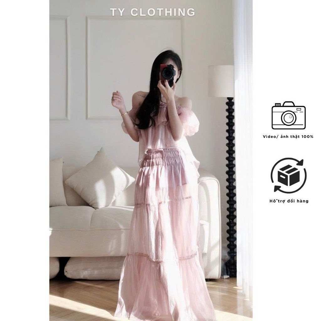 [ TYCLOTHING ] - Set Tơ Trễ Vai Dây Thắc Hồng - Hàng Thiết Kế - Màu Hồng