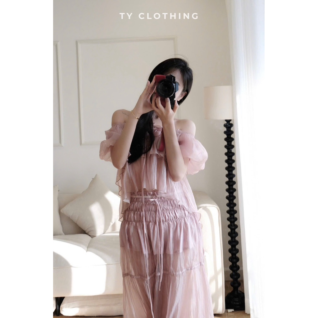 [ TYCLOTHING ] - Set Tơ Trễ Vai Dây Thắc Hồng - Hàng Thiết Kế - Màu Hồng