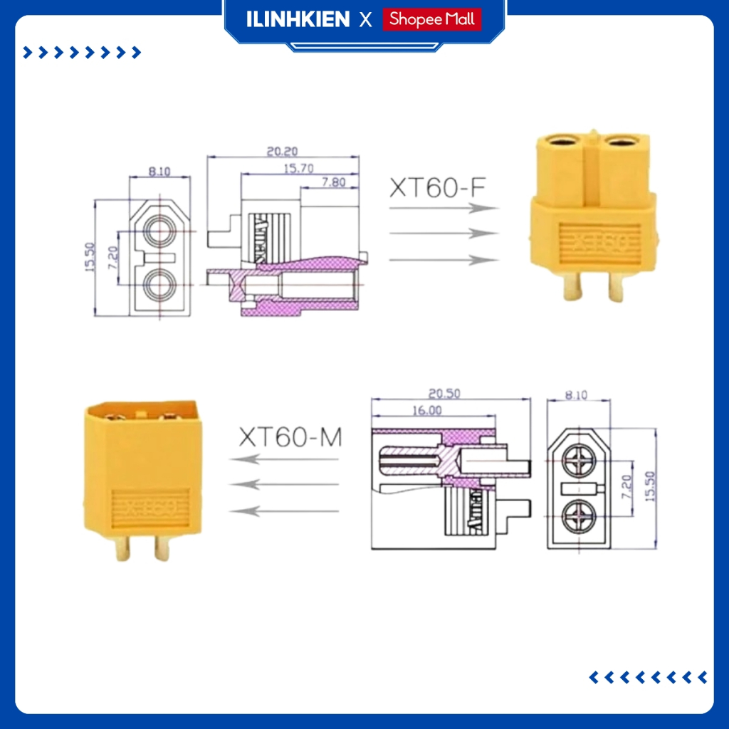 Jack Nguồn Đực - Cái XT60 Chịu Nhiệt Độ Cao Mạ Vàng Chất Lượng Cao ILinhkien