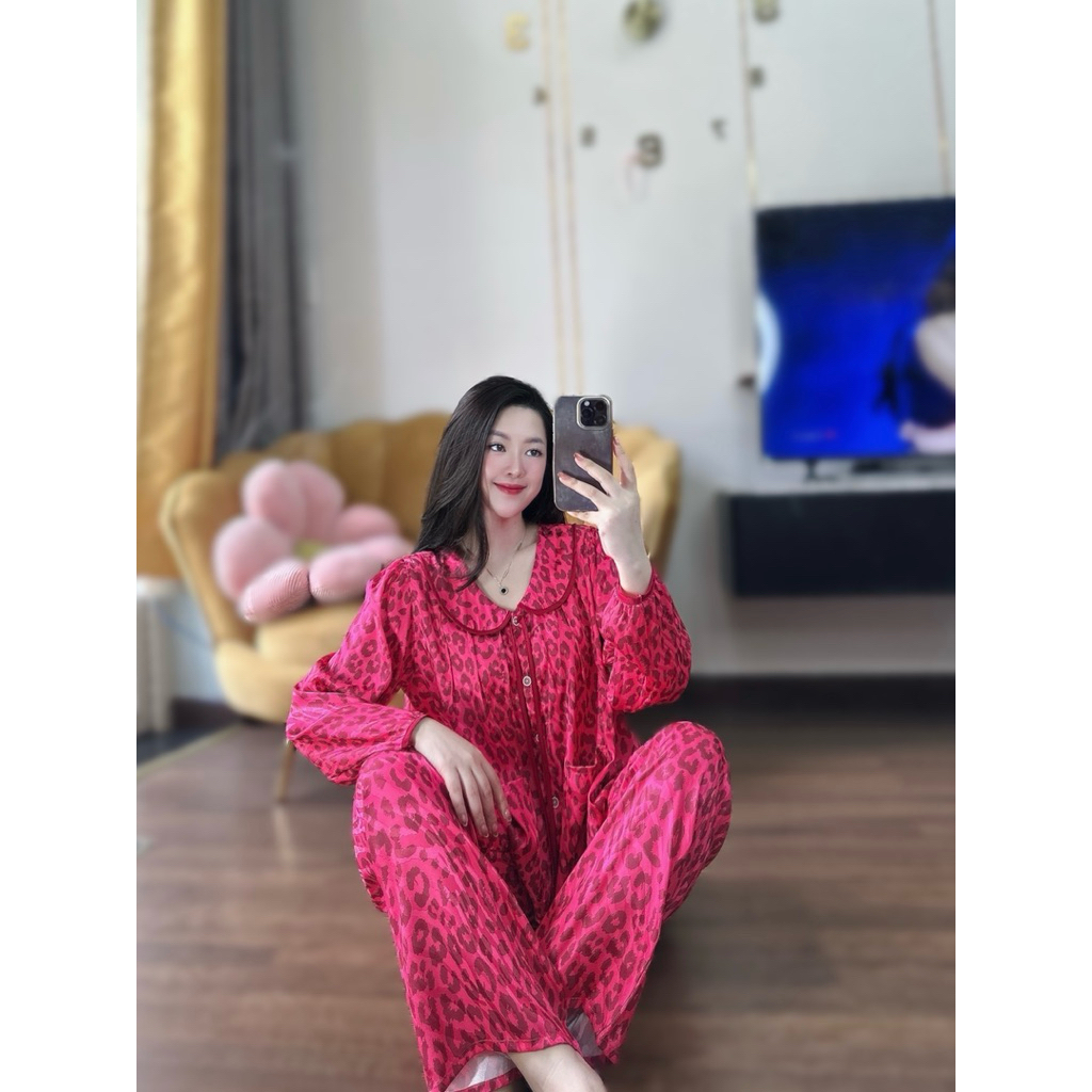 Bộ big sz pijama cổ SEN DÀI tay bo phồng tiểu thư  quần suông có túi Nữ, phom áo babydoll cổ sen gọn, 2 túi áo