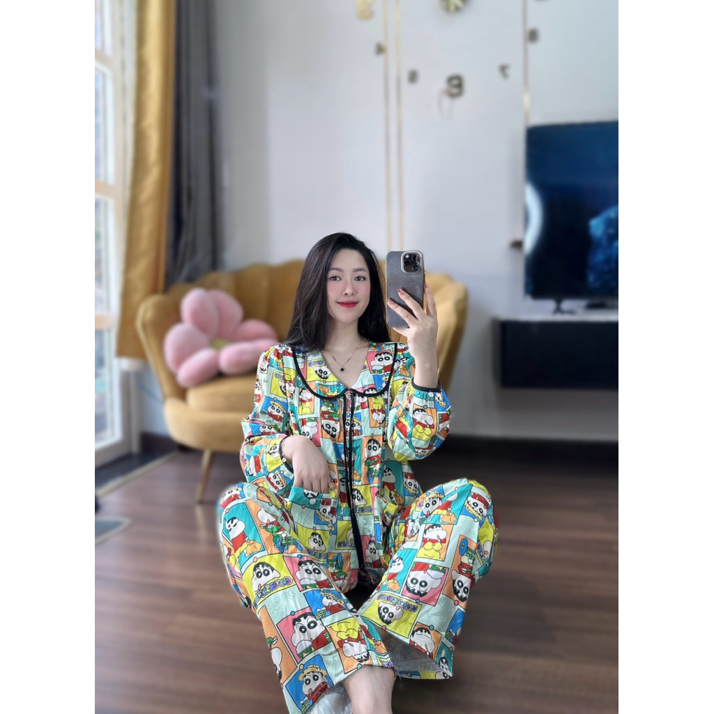 Bộ big sz pijama cổ SEN DÀI tay bo phồng tiểu thư  quần suông có túi Nữ, phom áo babydoll cổ sen gọn, 2 túi áo