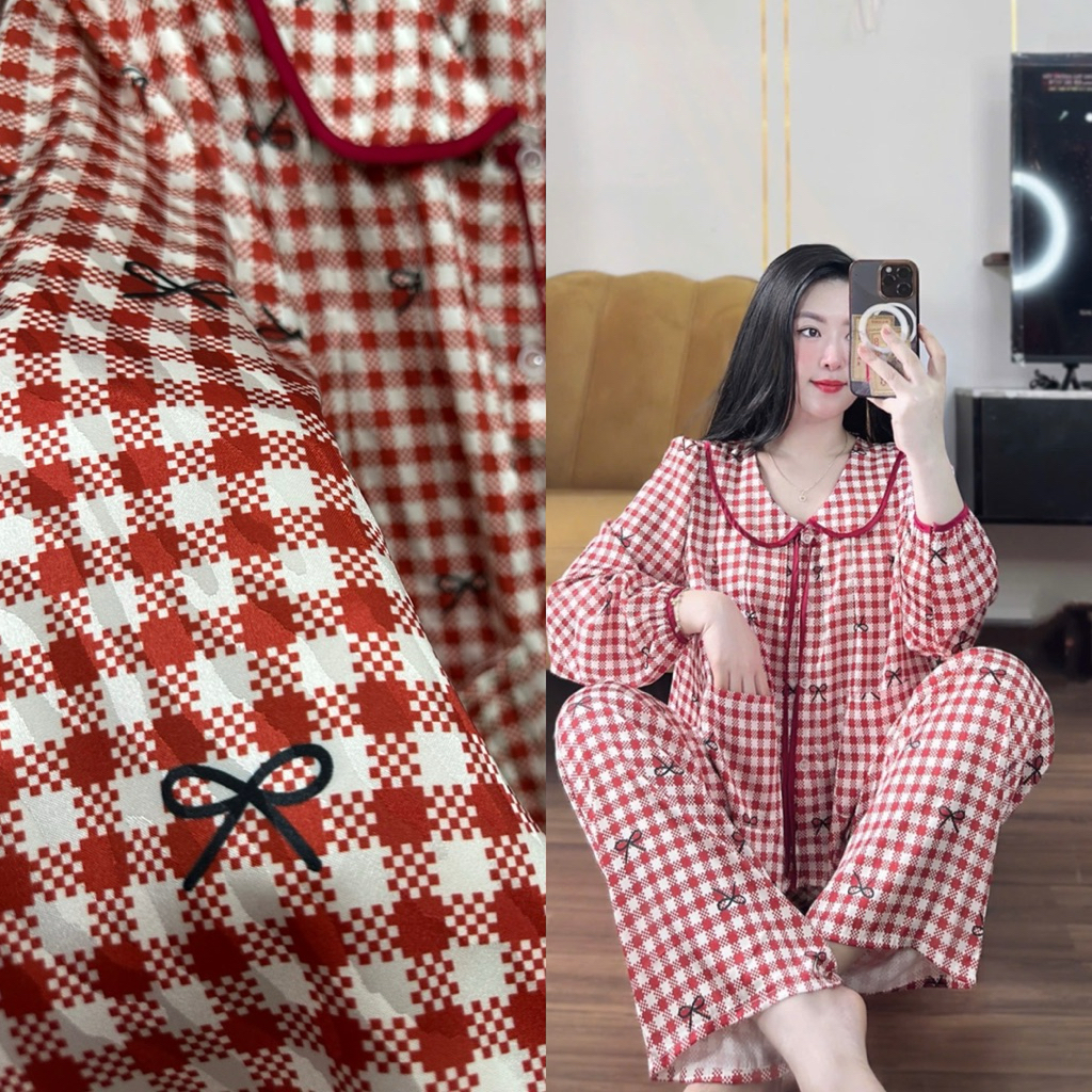 Bộ big sz pijama cổ SEN DÀI tay bo phồng tiểu thư  quần suông có túi Nữ, phom áo babydoll cổ sen gọn, 2 túi áo