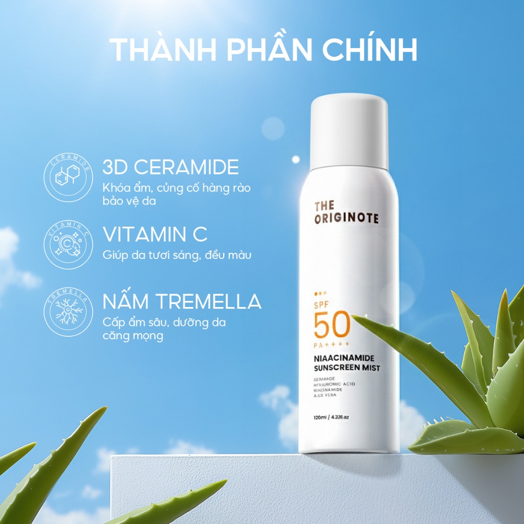 Xịt chống nắng SPF50 PA++++ The Originote chống nắng body trắng da với Niacinamide Sunscreen Mist