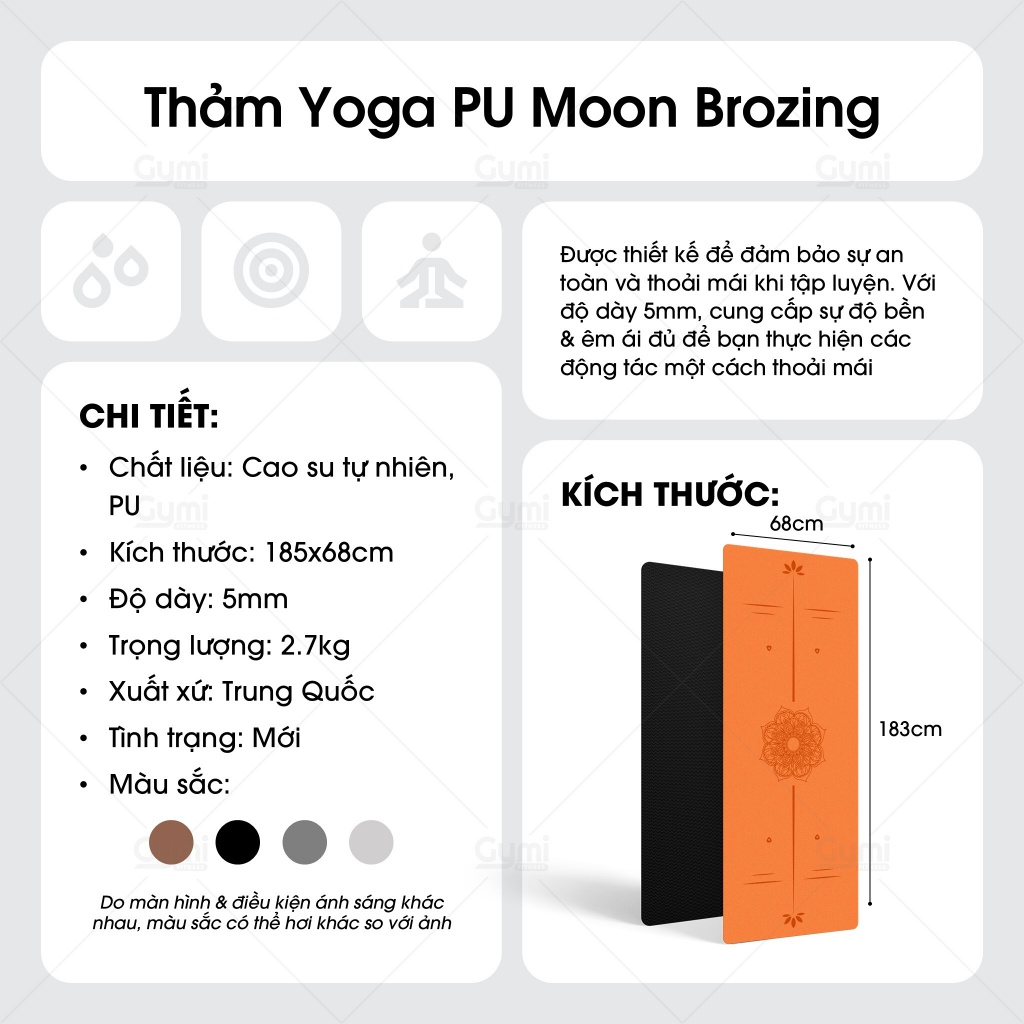 Thảm Tập Yoga Gym Định Tuyến YOGA Pu Cao Su IN LỤA Moon Brozing Kẻ Vàng Cao Cấp - ThamPU-KeVang