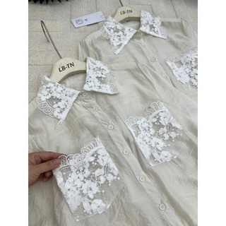 Áo sơ mi tơ cổ đức pha ren hai túi mỏng nhẹ #83960