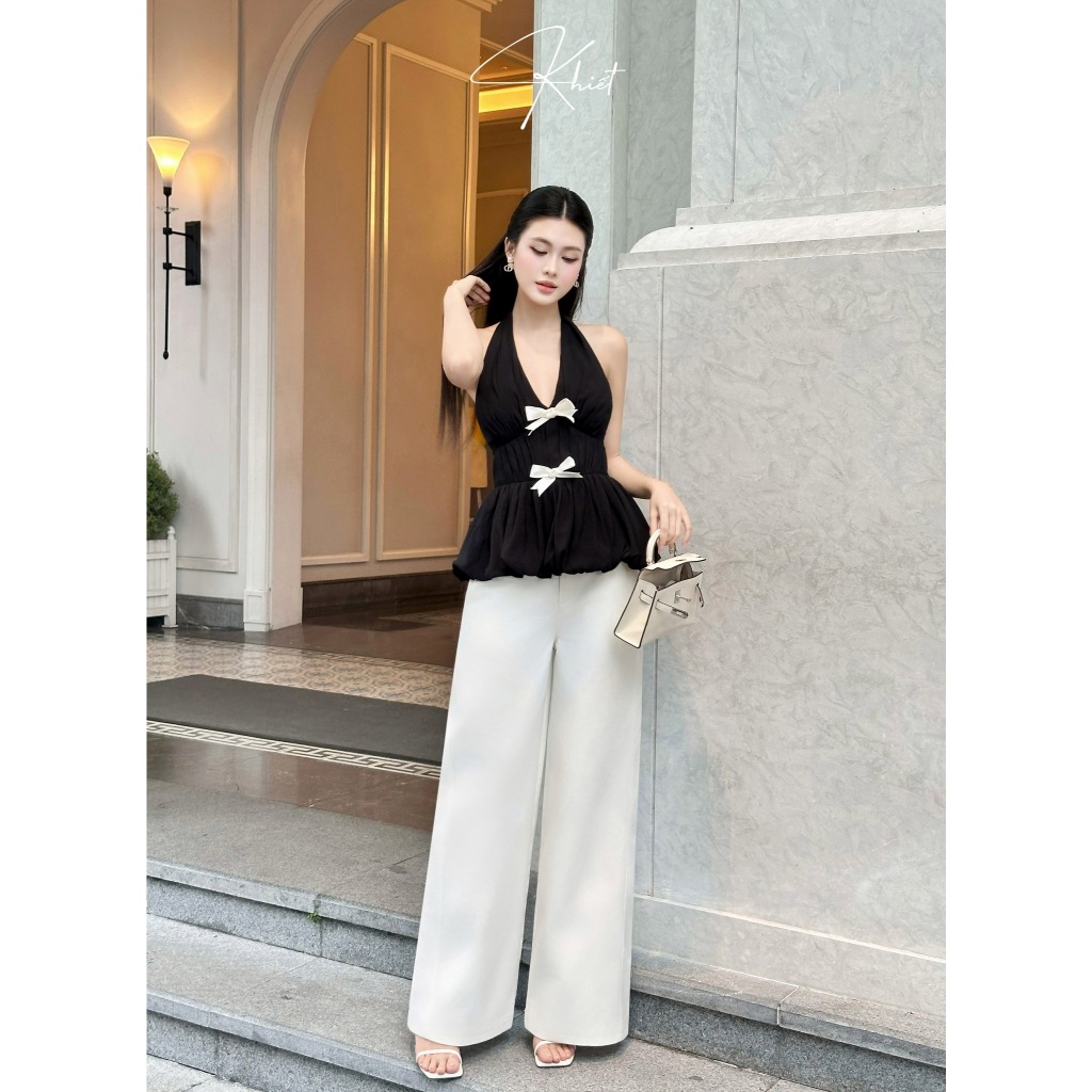 Set áo cổ yếm peplum nơ trắng KHIẾT phối jean suông trắng thanh lịch KS352