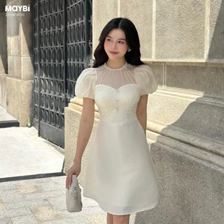 Đầm xòe tafta phối voan kem tay bí dáng midi thiết kế sang trọng - Chính hãng Maybi