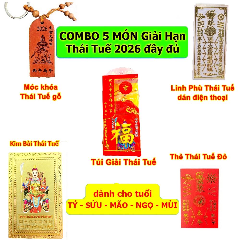 [TÔI RẺ] Combo Trọn Bộ Set 5 Món Thái Tuế 2026 : Túi Thái Tuế - Móc Khóa - Kim Bài - Thẻ Thái Tuế Đỏ - Phù