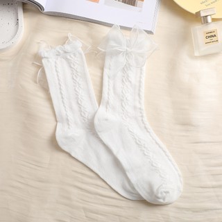 Tất Vớ Cao Cổ Nữ Phối Ren Đính Nơ Tiểu Thư Chất Liệu Cotton Co Giãn Thoáng Khí Thấm Mồ Hôi C2