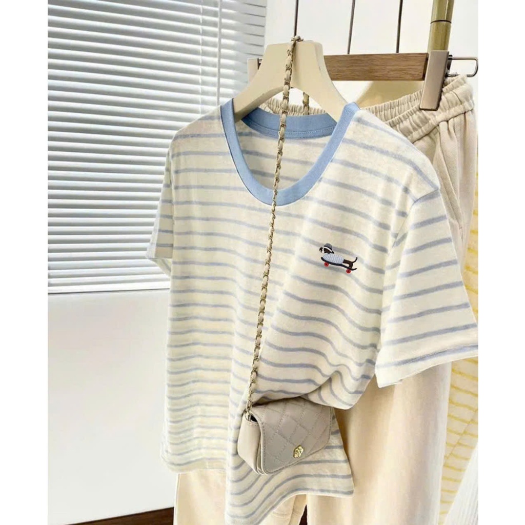 Áo thun sọc ngang nữ Hottrend, Áo phông nữ ngắn tay kẻ sọc in hình JULY FASHION, Chất cotton dày dặn, mát mẻ thấm mồ hôi
