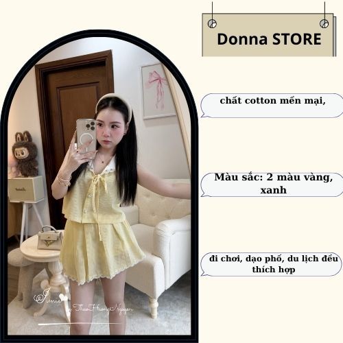 set đồ nữ, đồ bộ nữ Hàn Quốc siêu xinh áo cổ sen cúc ngọc sát nách kèm chấn váy Donna hcom26065