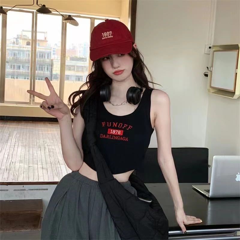 Yanmei Áo Croptop có mút ngực in chữ năng động cá tính 1976