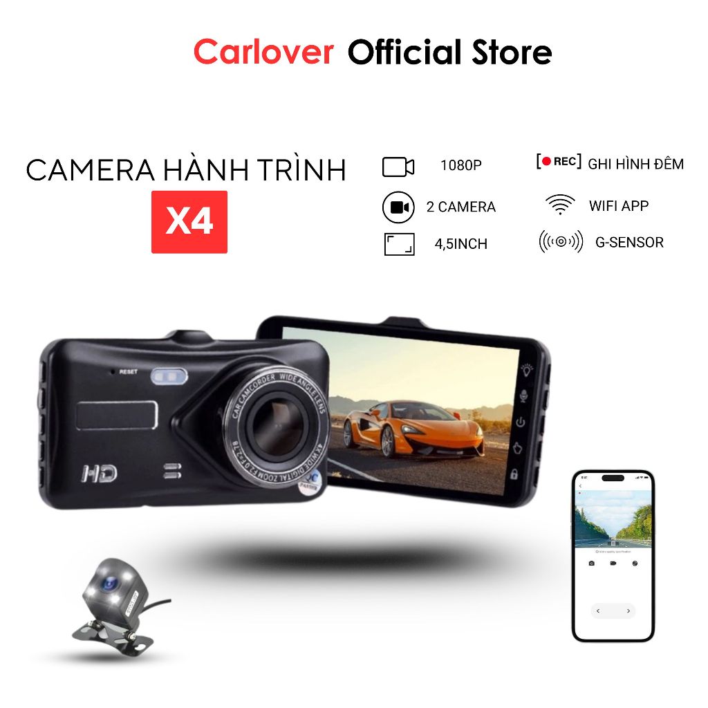 Camera hành trình ô tô X4 Carlover Full HD màn hình cảm ứng quay đêm rõ nét ghi hình trước sau bảo hành 1 năm