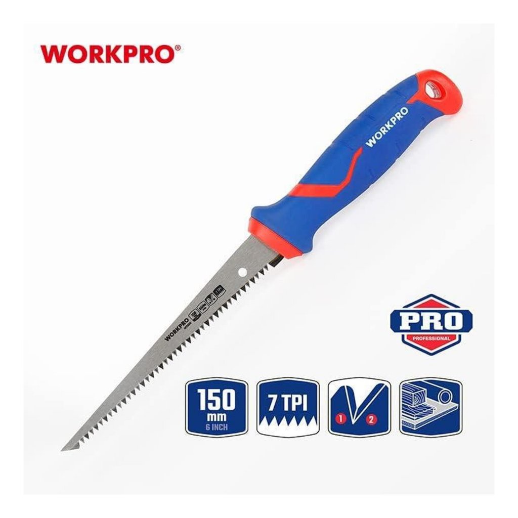 Cưa cầm tay WORKPRO WP215016 có đầu nhọn (dạng kiếm) kích thước 150mm (6 inch), lưỡi cưa bằng thép 65Mn. Hàng chính hãng