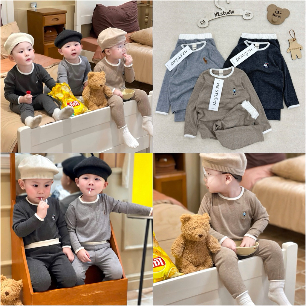 Set bộ đồ bé trai bé gái cotton gân xuất Hàn co giãn mềm mịn 3 màu size 90-150 (8-24kg) HH08