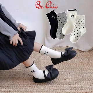 Đôi Tất/ Vớ Bé Gái T 904 Chất Cotton Họa Tiết Nơ Chấm Bi Ngọt ngào Tông Màu Đen Trắng Xám