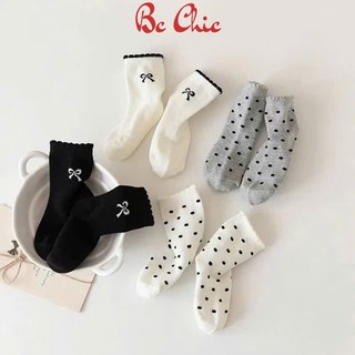 Đôi Tất/ Vớ Bé Gái T 904 Chất Cotton Họa Tiết Nơ Chấm Bi Ngọt ngào Tông Màu Đen Trắng Xám