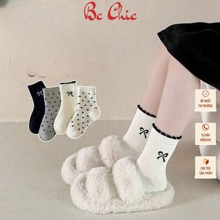 Đôi Tất/ Vớ Bé Gái T 904 Chất Cotton Họa Tiết Nơ Chấm Bi Ngọt ngào Tông Màu Đen Trắng Xám