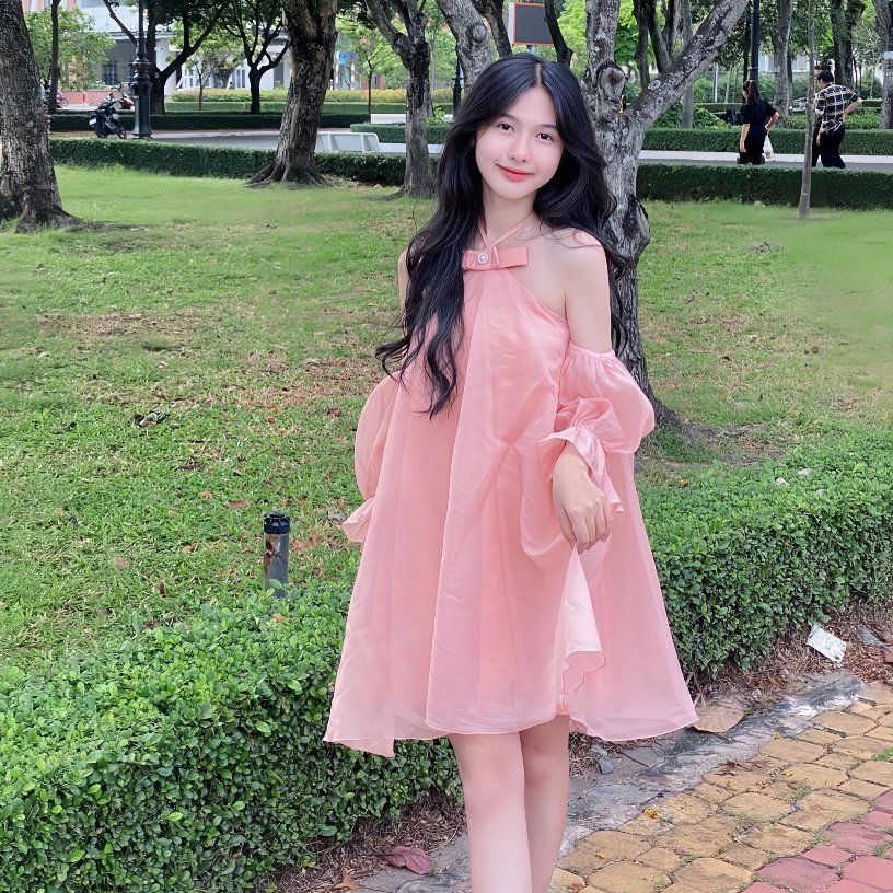 Váy tiểu thư trễ vai tay bồng dáng rộng chất voan 2 lớp nơ ghim cài áo đính đá Đầm hở vai cổ yếm bánh bèo T100G