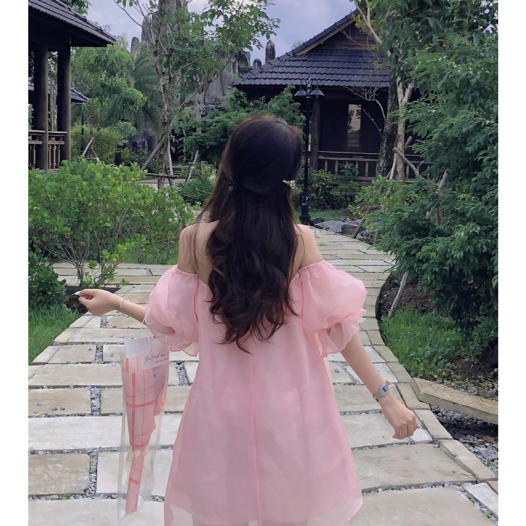 Váy tiểu thư trễ vai tay bồng dáng rộng chất voan 2 lớp nơ ghim cài áo đính đá Đầm hở vai cổ yếm bánh bèo T100G