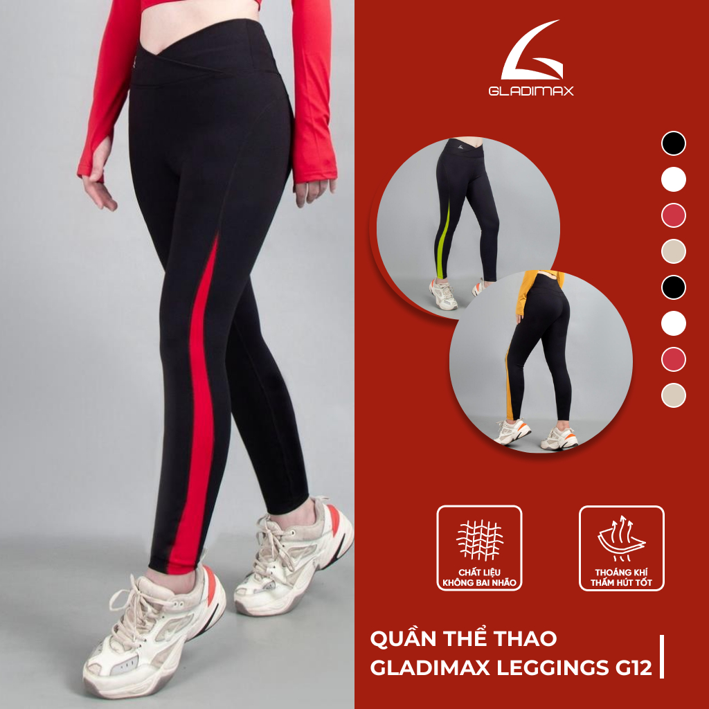 Quần thể thao Gladimax Leggings Genmax G12 đen phối màu hai bên hỗ trợ, nâng cao hiệu quả tập luyện