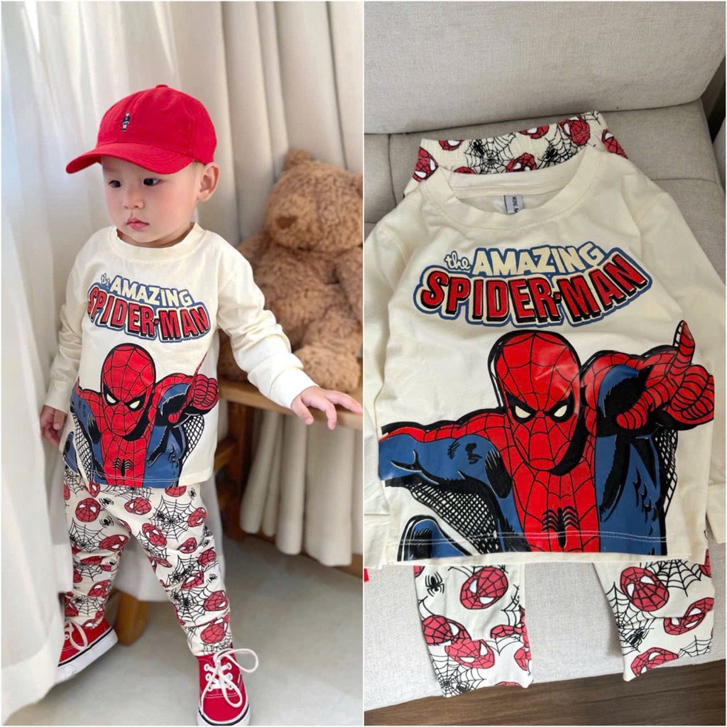 Set bộ đồ bé trai dài tay thu đông HH05 HH07 hình siêu nhân cotton 4 màu size 90–150 (8–24kg)