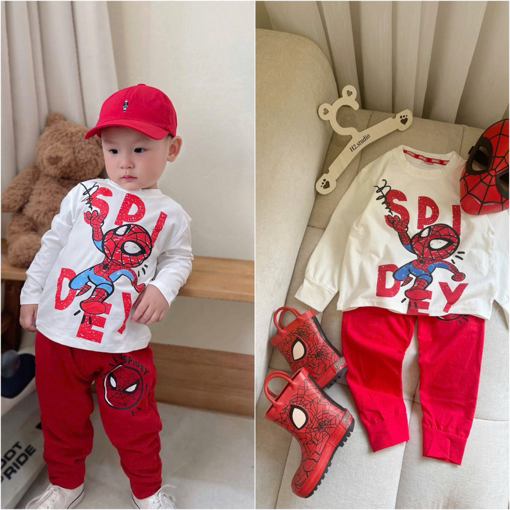 Set bộ đồ bé trai dài tay thu đông HH05 HH07 hình siêu nhân cotton 4 màu size 90–150 (8–24kg)
