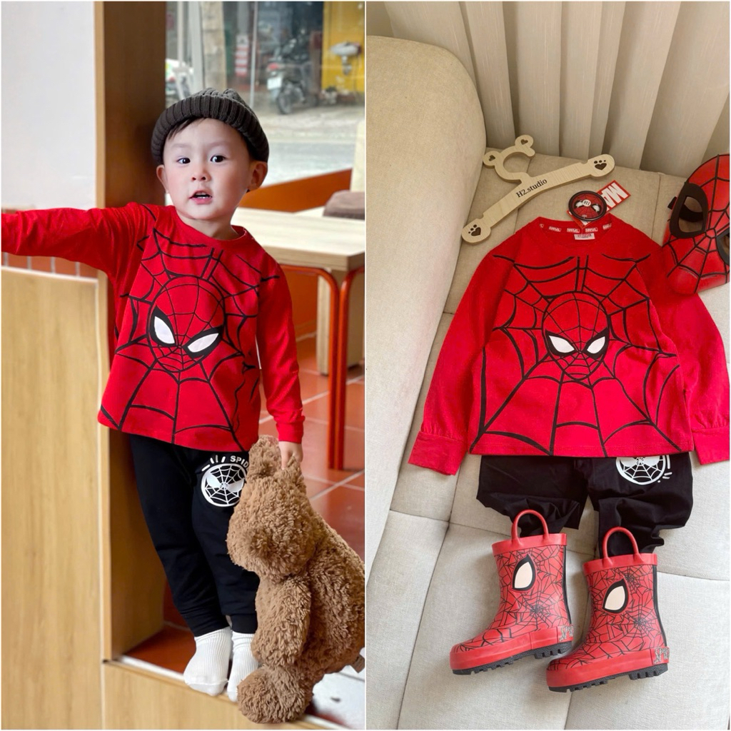 Set bộ đồ bé trai dài tay thu đông HH05 HH07 hình siêu nhân cotton 4 màu size 90–150 (8–24kg)