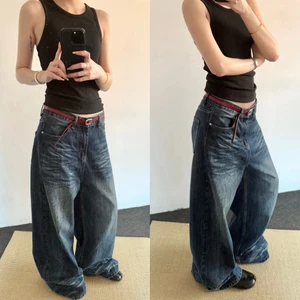 Quần jean ống rộng màu xanh đậm wash gấu phong cách retro chất mềm mịn QJ016 - Tiktik
