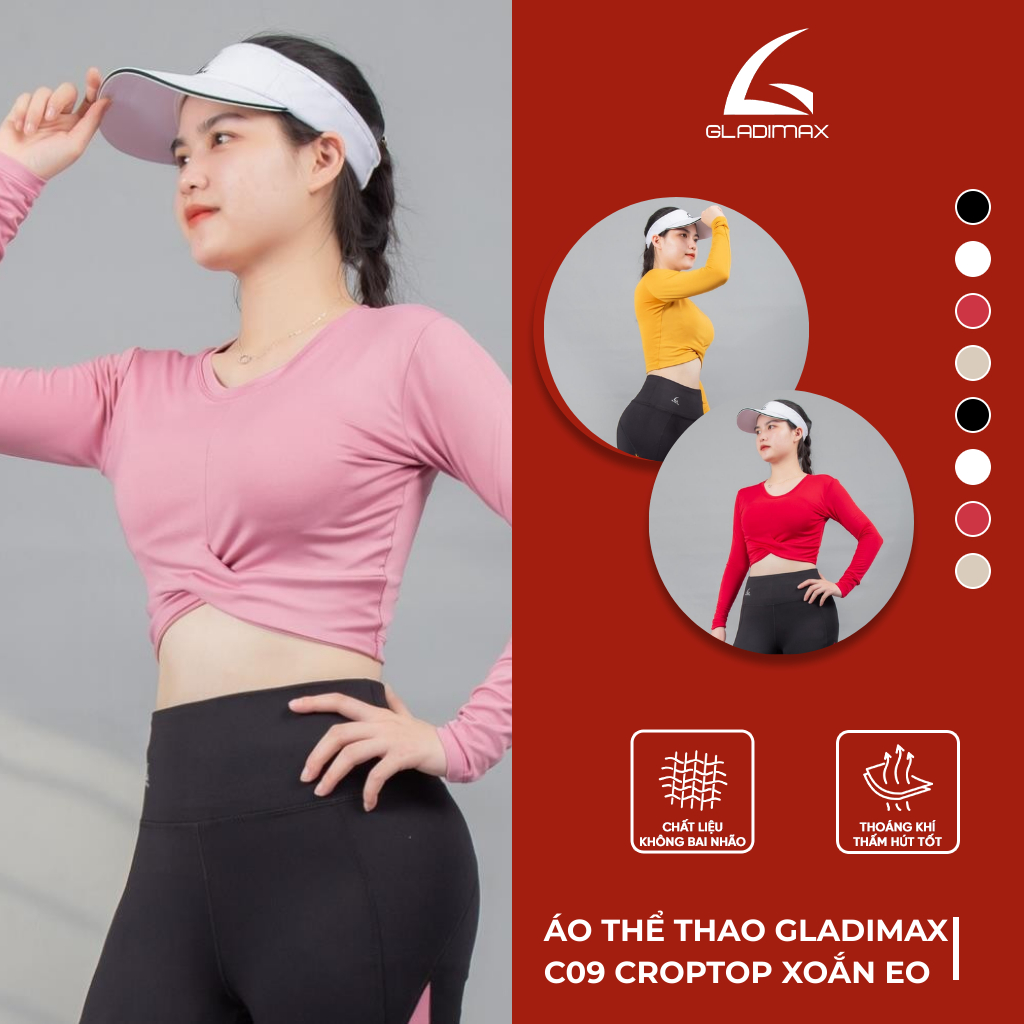 Áo thể thao Gladimax C09 Croptop dài tay, xoắn eo ôm body, co dãn 4 chiều, hút mồ hôi tốt