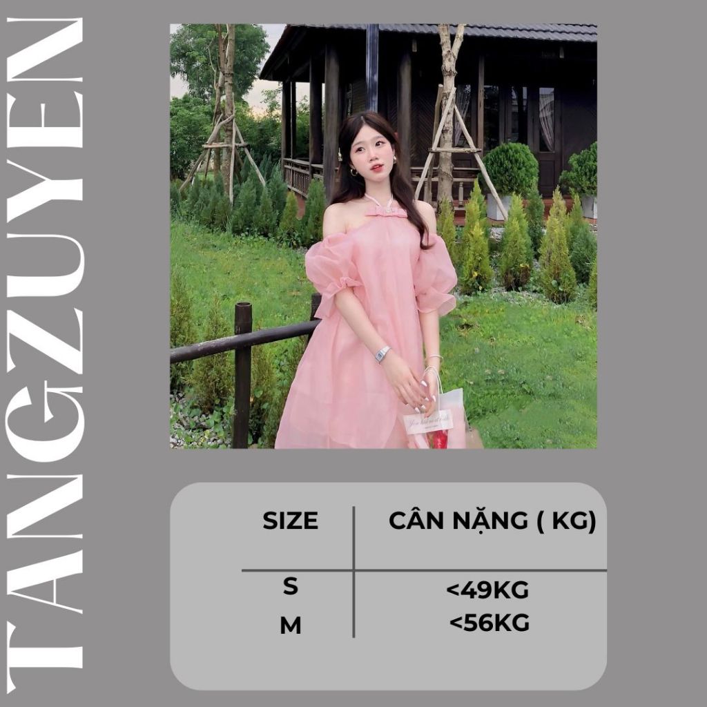 Váy tiểu thư trễ vai tay bồng dáng rộng chất voan 2 lớp nơ ghim cài áo đính đá Đầm hở vai cổ yếm bánh bèo T100G
