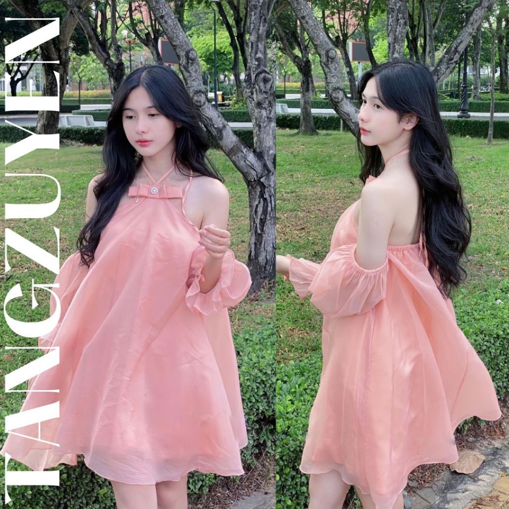 Váy tiểu thư trễ vai tay bồng dáng rộng chất voan 2 lớp nơ ghim cài áo đính đá Đầm hở vai cổ yếm bánh bèo T100G