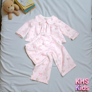 Bộ Ngủ bé gái chất đũi lạnh hàn quần dài tay dài dáng rộng rãi thoải mãi.